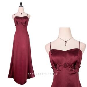 Vintage Prom Dress Maxi Gown 4 Red Babydoll Bead Floral Goth Princess Regency